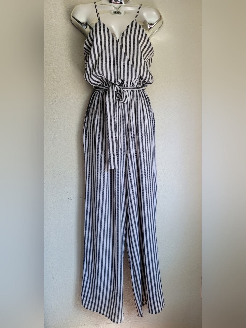 J for Justify Black & White Vertical-Striped Wide-Leg Jumpsuit